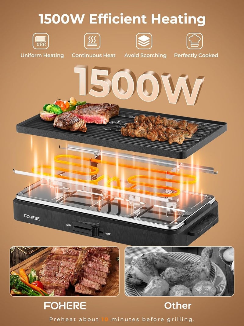 FOHERE Raclette Grill, 2 in 1 Raclette Table Grill Indoor, 1500W Korean BBQ Grill Electric Griddle with Reversible Non-stick plate, Adjustable Temp Control and 8 Paddles for Parties and Family Fun - Image 2